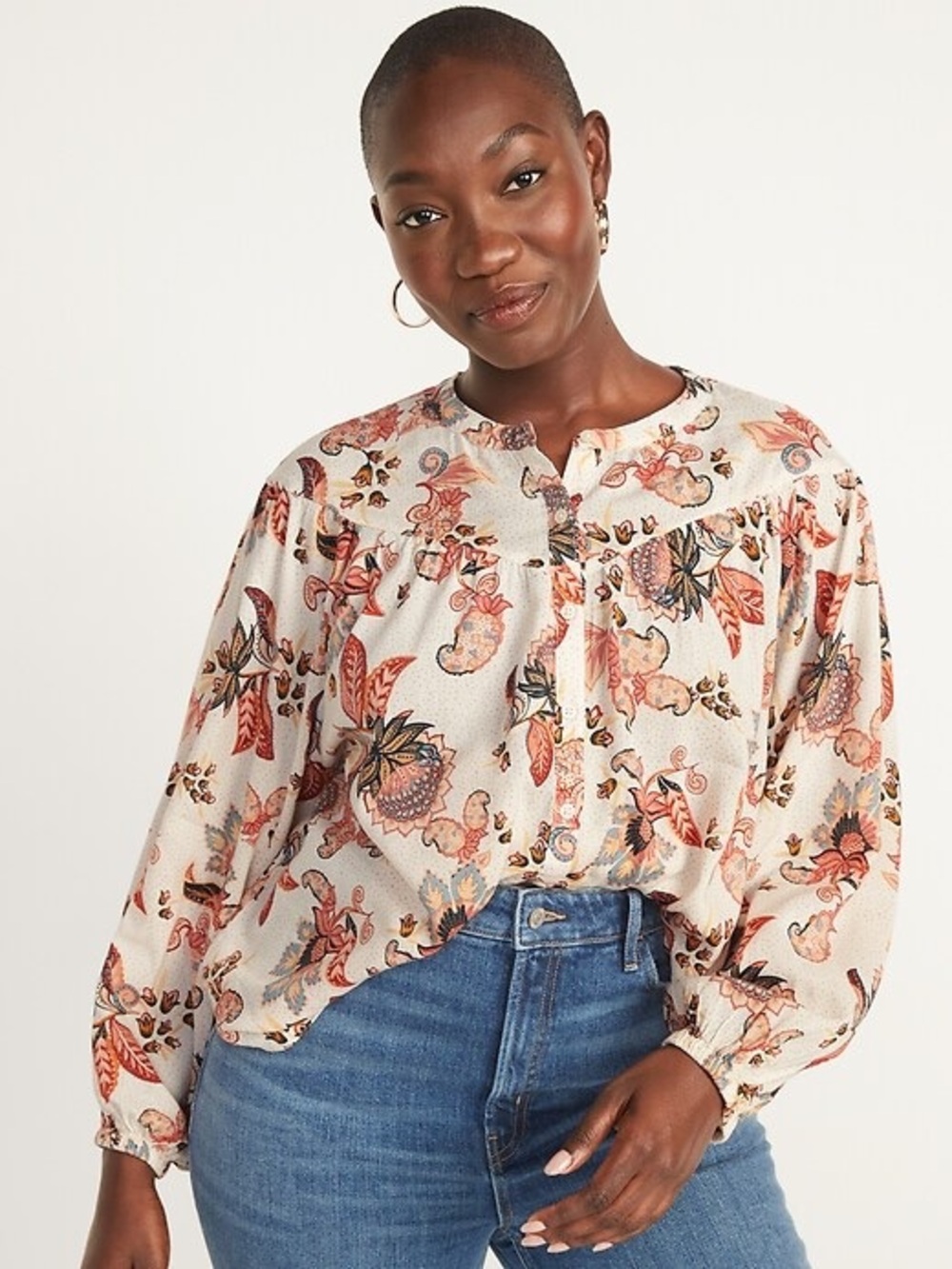 Old Navy Cream Blouse with Rust and Pink Floral Print XL